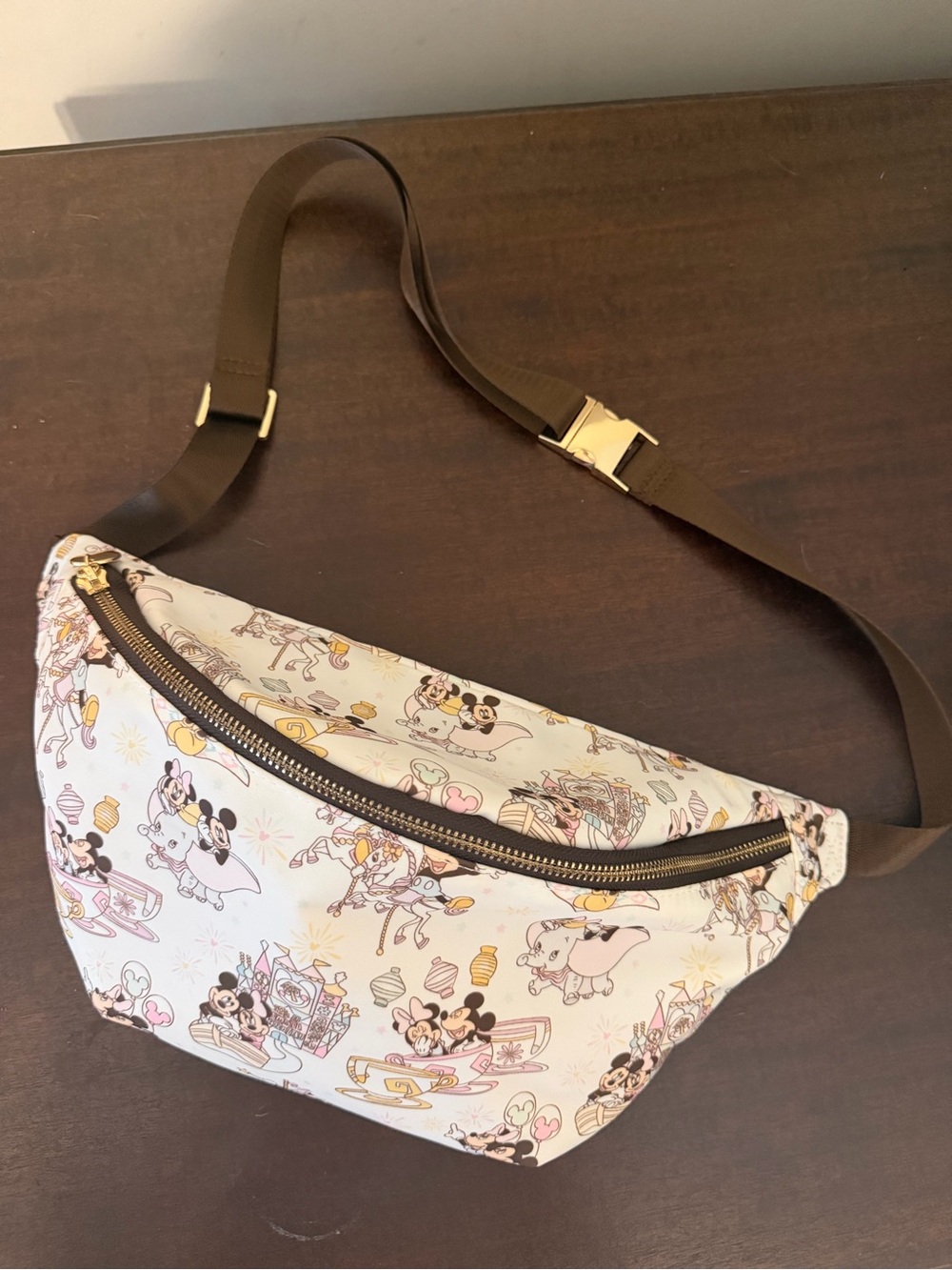 Disney Cream Crossbody Belt Bag with Brown Strap and Gold Hardware